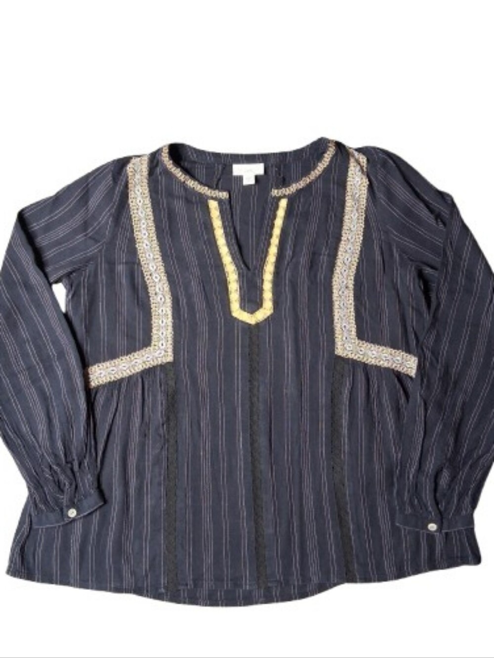 J. Jill Embroidered Striped Peasant Blouse Boho Top Navy Blue Tan Size S